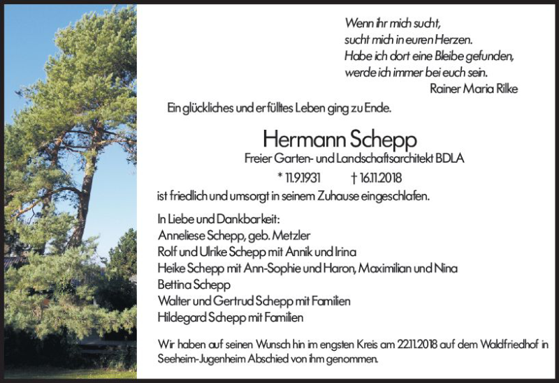  Traueranzeige für Hermann Schepp vom 24.11.2018 aus vrm-trauer