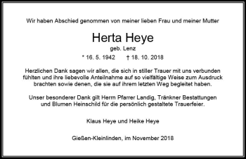Traueranzeige von Herta Heye von  Gießener Anzeiger