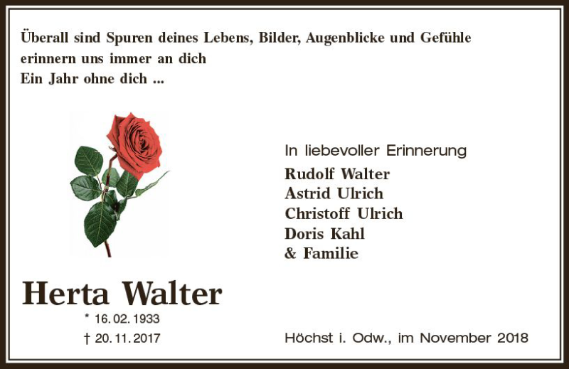  Traueranzeige für Herta Walter vom 20.11.2018 aus vrm-trauer