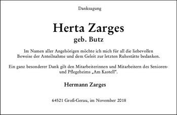 Traueranzeige von Herta Zargen von vrm-trauer