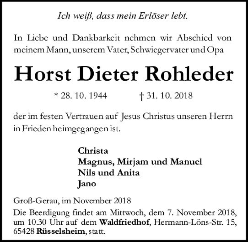  Traueranzeige für Horst Dieter Rohleder vom 03.11.2018 aus vrm-trauer