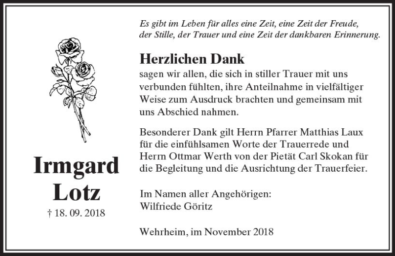  Traueranzeige für Irmgard Lotz vom 03.11.2018 aus  Usinger Anzeiger