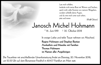 Traueranzeige von Janosch Michel Hohmann von  Usinger Anzeiger