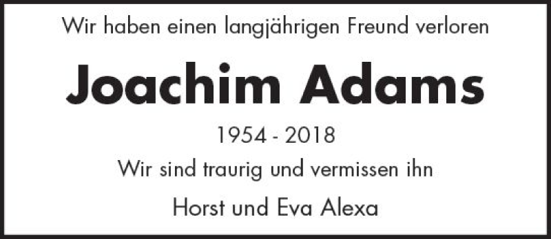  Traueranzeige für Joachim Adams vom 10.11.2018 aus vrm-trauer