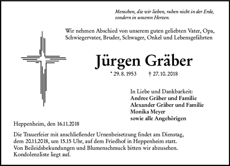  Traueranzeige für Jürgen Gräber vom 16.11.2018 aus vrm-trauer