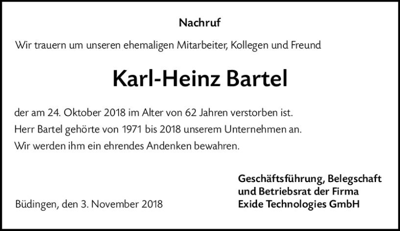  Traueranzeige für Karl-Heinz Bartel vom 03.11.2018 aus  Kreisanzeiger