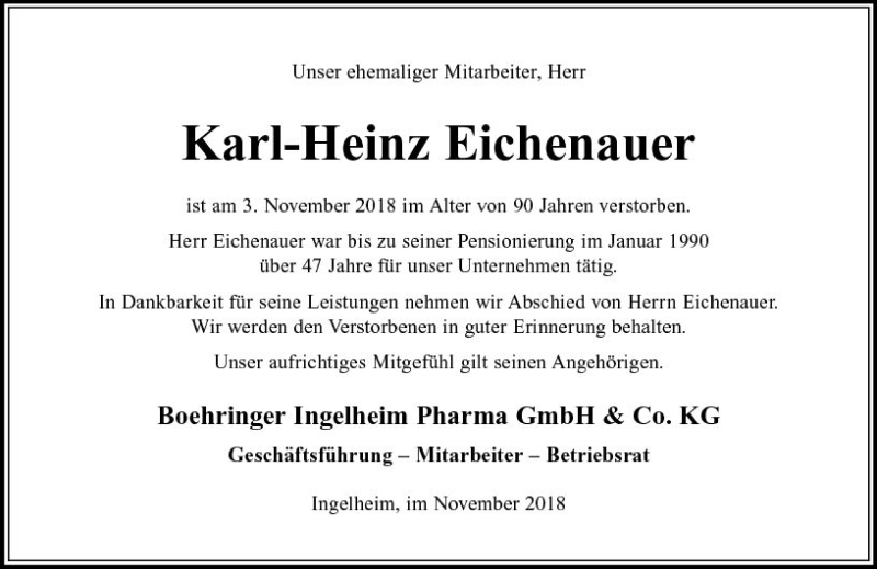  Traueranzeige für Karl-Heinz Eichenauer vom 21.11.2018 aus vrm-trauer