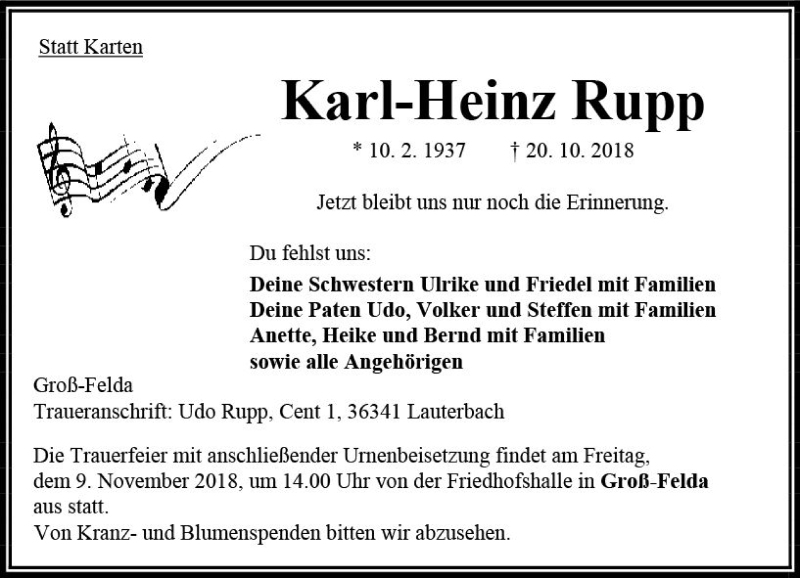  Traueranzeige für Karl-Heinz Rupp vom 03.11.2018 aus VRM Trauer