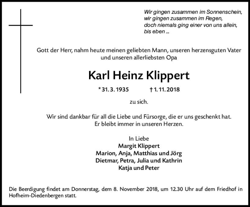  Traueranzeige für Karl Heinz Klippert vom 06.11.2018 aus vrm-trauer