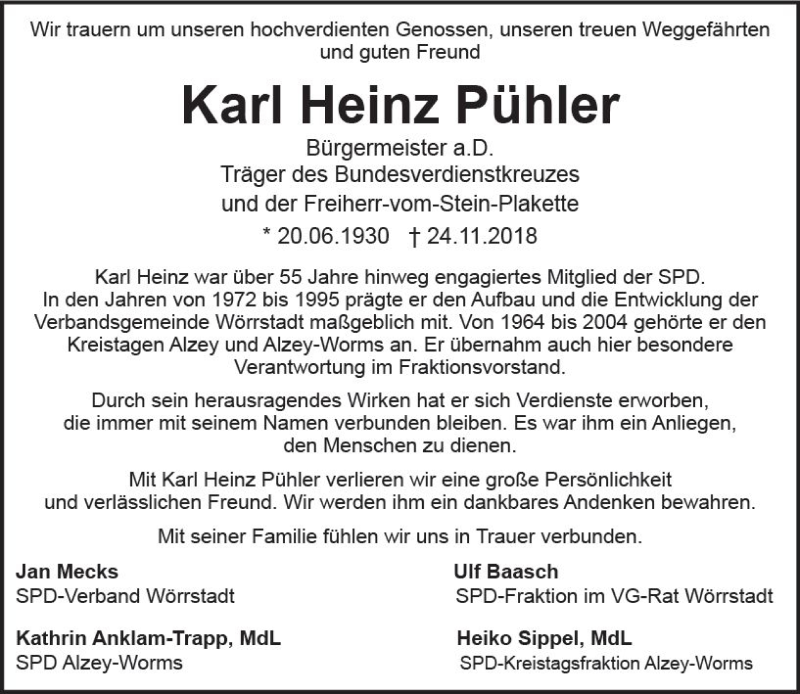  Traueranzeige für Karl Heinz Pühler vom 29.11.2018 aus vrm-trauer