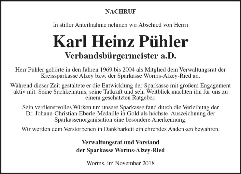 Traueranzeige für Karl Heinz Pühler vom 29.11.2018 aus vrm-trauer