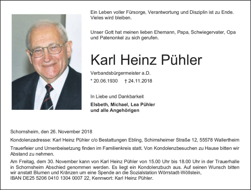  Traueranzeige für Karl Heinz Pühler vom 26.11.2018 aus vrm-trauer