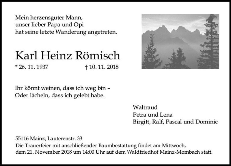  Traueranzeige für Karl Heinz Römisch vom 17.11.2018 aus vrm-trauer