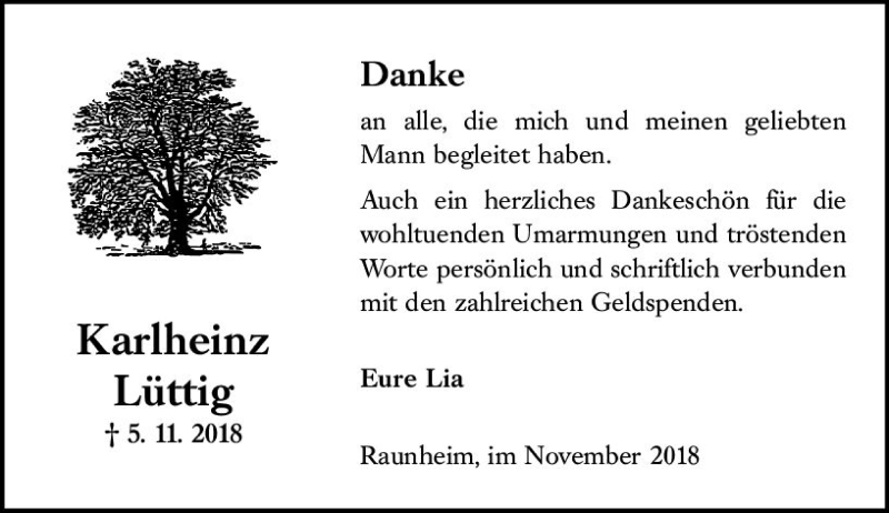  Traueranzeige für Karlheinz Lüttig vom 24.11.2018 aus vrm-trauer