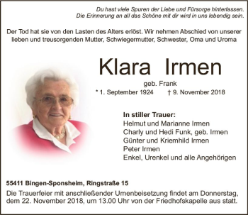 Traueranzeige von Klara Irmen von vrm-trauer
