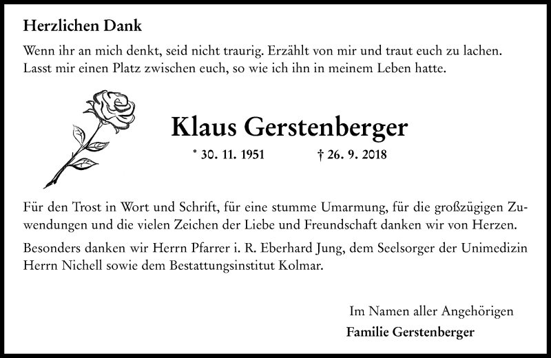  Traueranzeige für Klaus Gerstenberger vom 03.11.2018 aus vrm-trauer