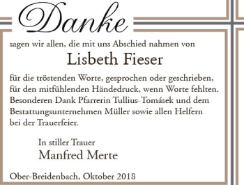 Traueranzeige von Lisbeth Fieser von VRM Trauer
