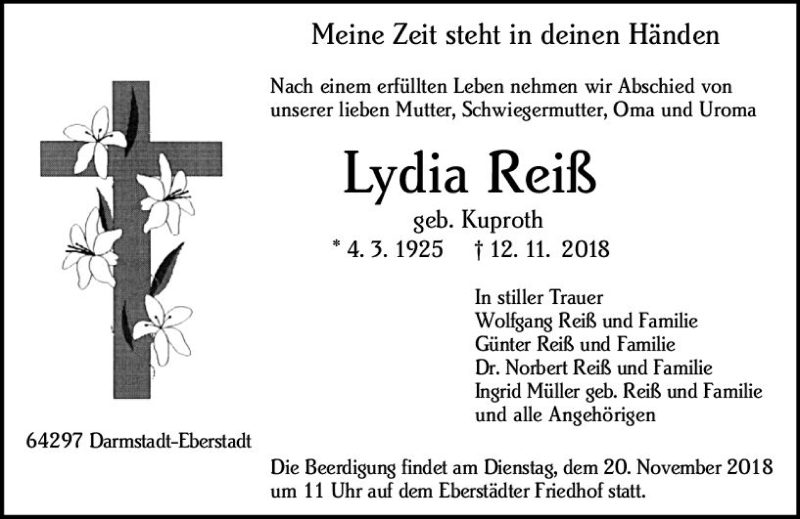  Traueranzeige für Lydia Reiß vom 17.11.2018 aus vrm-trauer