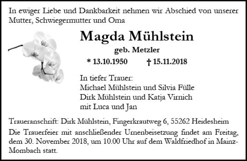  Traueranzeige für Magda Mühlstein vom 24.11.2018 aus vrm-trauer