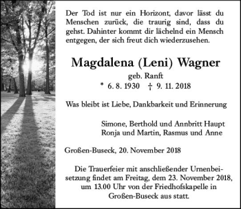 Traueranzeige von Magdalena Wagner von  Gießener Anzeiger