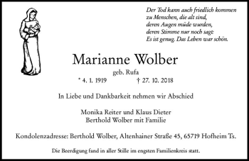 Traueranzeige von Marianne Wolber von vrm-trauer