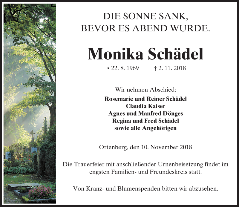  Traueranzeige für Monika Schädel vom 10.11.2018 aus  Kreisanzeiger