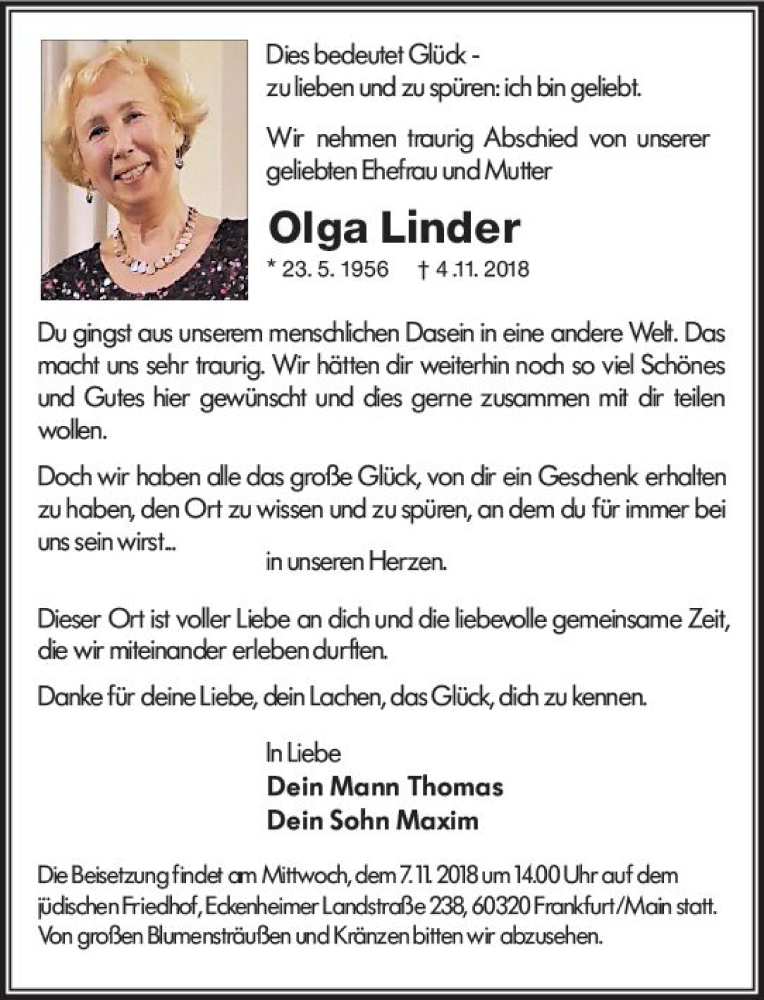  Traueranzeige für Olga Linder vom 06.11.2018 aus vrm-trauer
