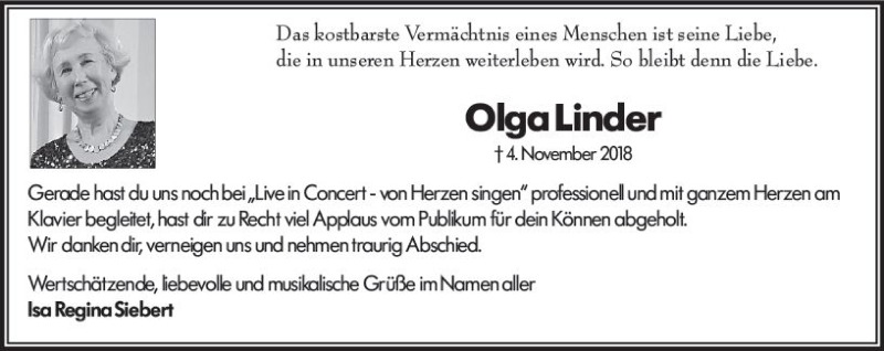  Traueranzeige für Olga Linder vom 06.11.2018 aus vrm-trauer