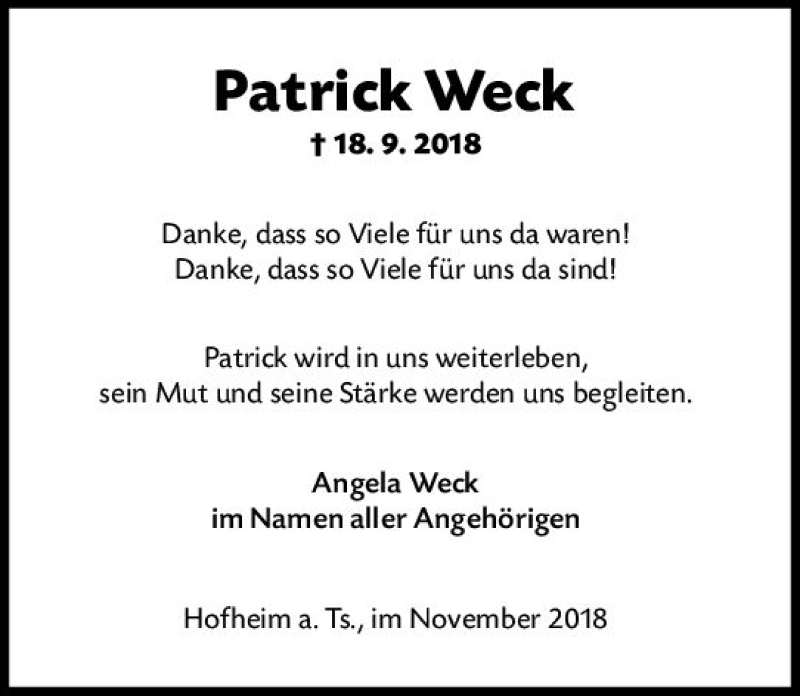  Traueranzeige für Patrick Weck vom 09.11.2018 aus vrm-trauer