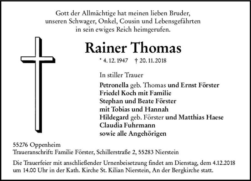  Traueranzeige für Rainer Thomas vom 28.11.2018 aus vrm-trauer