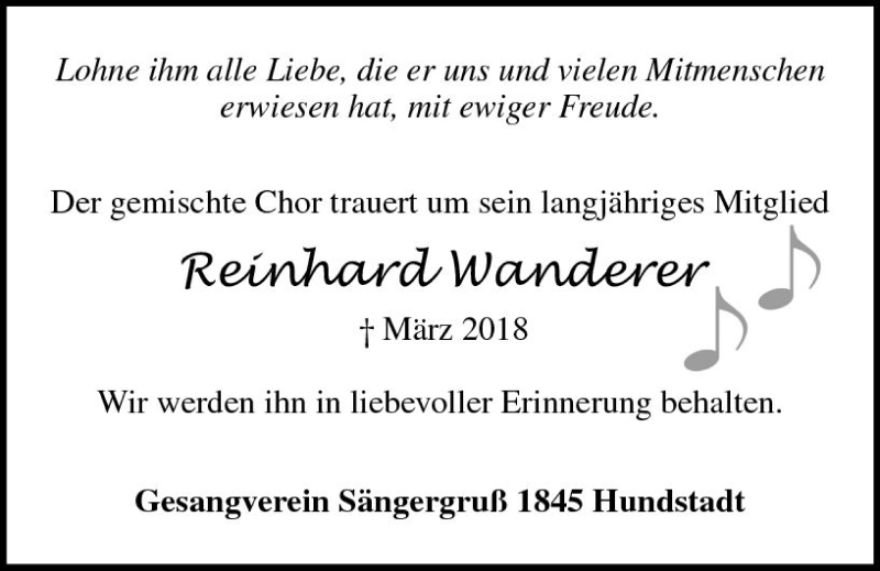  Traueranzeige für Reinhard Wanderer vom 21.11.2018 aus  Usinger Anzeiger