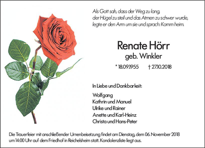  Traueranzeige für Renate Hörr vom 03.11.2018 aus vrm-trauer