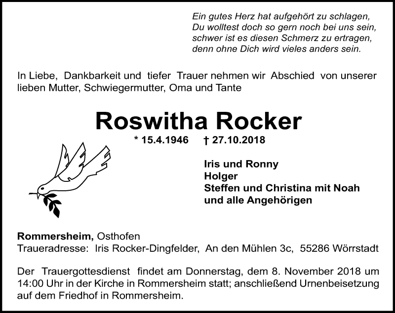  Traueranzeige für Roswitha Rocker vom 03.11.2018 aus vrm-trauer