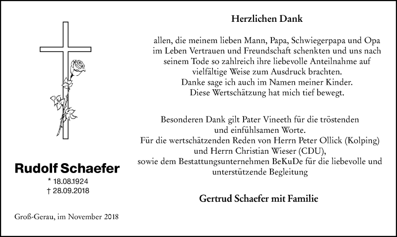  Traueranzeige für Rudolf Schaefer vom 03.11.2018 aus vrm-trauer