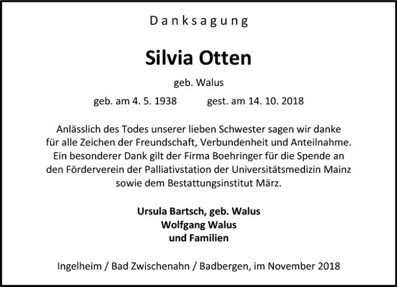  Traueranzeige für Silvia Otten vom 17.11.2018 aus vrm-trauer
