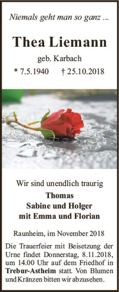  Traueranzeige für Thea Liemann vom 03.11.2018 aus vrm-trauer