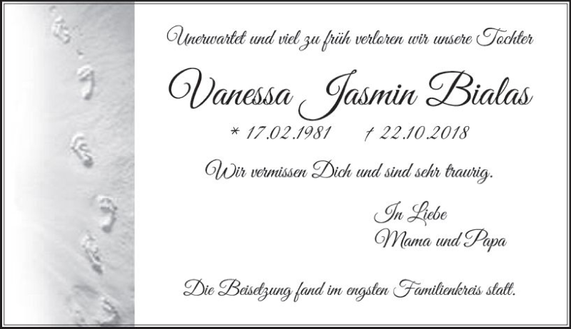  Traueranzeige für Vanessa Jasmin Bialas vom 03.11.2018 aus vrm-trauer
