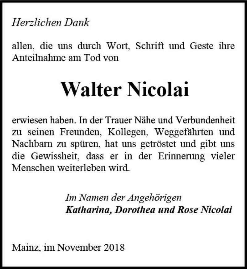  Traueranzeige für Walter Nicolai vom 24.11.2018 aus vrm-trauer