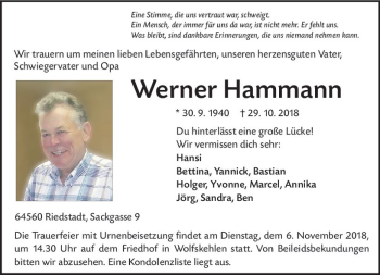 Traueranzeige von Werner Hammann von vrm-trauer