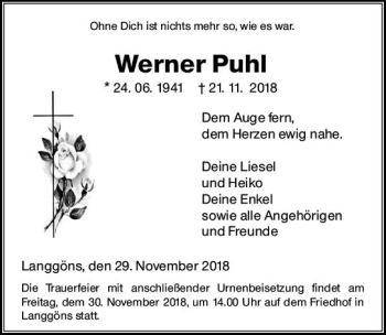 Traueranzeige von Werner Puhl von  Gießener Anzeiger