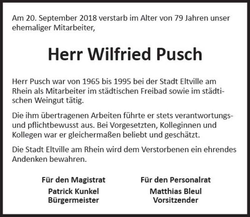  Traueranzeige für Wilfried Pusch vom 03.11.2018 aus vrm-trauer