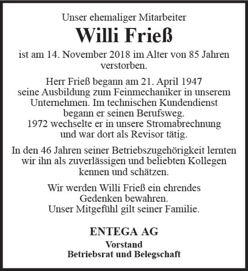  Traueranzeige für Willi Frieß vom 24.11.2018 aus vrm-trauer