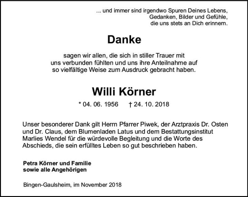 Traueranzeige für Willi Körner vom 17.11.2018 aus vrm-trauer