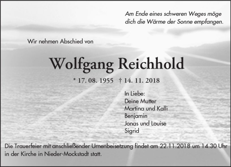  Traueranzeige für Wolfgang Reichhold vom 17.11.2018 aus  Kreisanzeiger