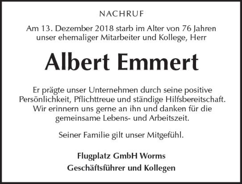  Traueranzeige für Albert Emmert vom 22.12.2018 aus vrm-trauer