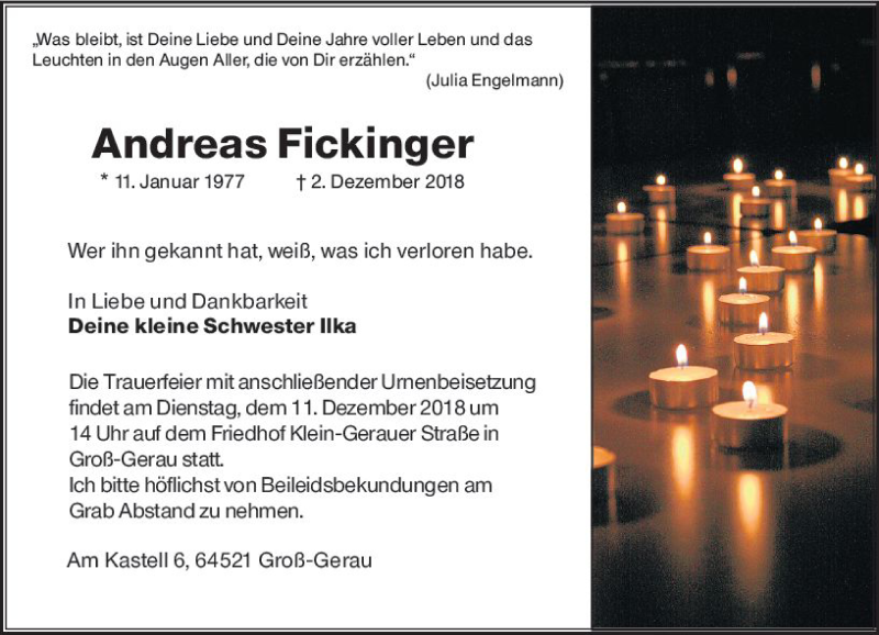  Traueranzeige für Andreas Fickinger vom 08.12.2018 aus vrm-trauer