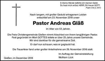Traueranzeige von Andreas Gläß von  Gießener Anzeiger