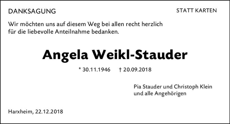  Traueranzeige für Angela Weikl-Stauder vom 22.12.2018 aus vrm-trauer