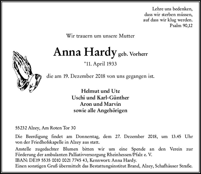  Traueranzeige für Anna Hardy vom 21.12.2018 aus vrm-trauer