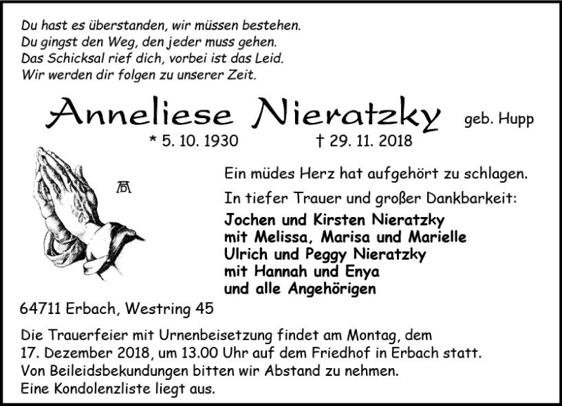  Traueranzeige für Anneliese Nieratzky vom 08.12.2018 aus vrm-trauer